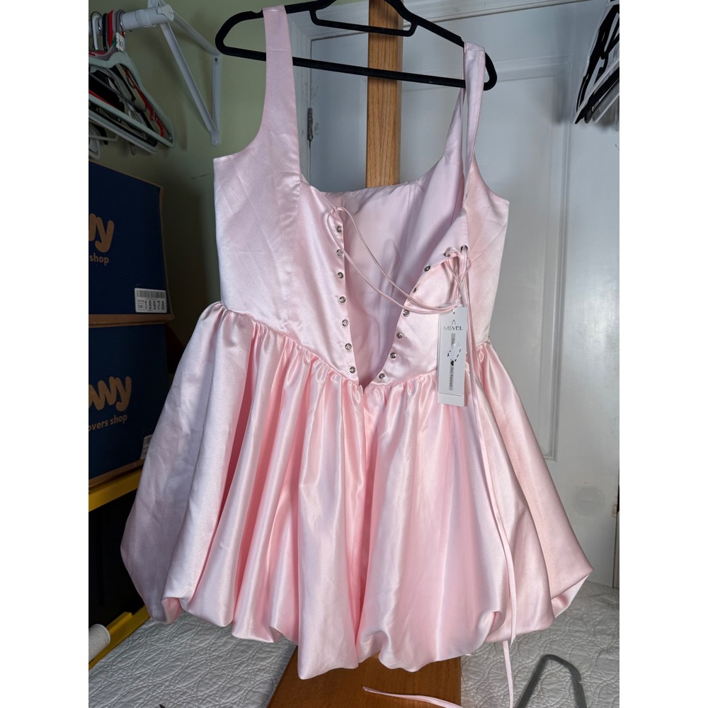 MIVEL Pink Satin Bubble Skirt Mini Dress Lace Up Corset Back NWT 00791